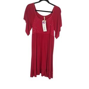 Rhonda Shear Red Dress Silver Accents Scoop Neck Dolman‎ Sleeve